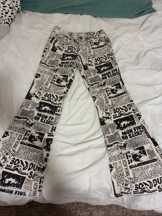 Denim - Garage denim, never won, black & Cream Newspaper Print Flared Pants